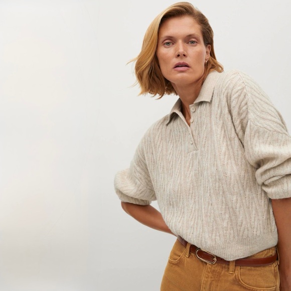 Mango Sweaters - Mango Cable Knit Polo Sweater Cropped Beige Cream Size XS